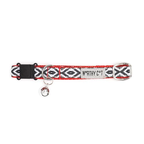 THE WORTHY DOG Patterned Kitim Cat Collar with Bell, Adjustable Nylon Safety Collar, Black/White, One Size - color: black
