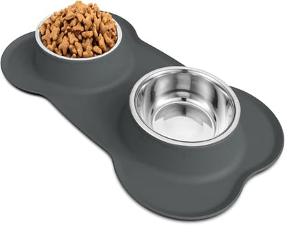 Dog Food Bowls Stainless Steel Dog Food & Water Bowl Set with No Spill Non-Skid Silicone Mat, Dog Dishes Pet Feeding Bowls for Small Medium Large Sized Dogs Cat Puppy Food Bowl, Grey, 4 Cup - color: Grey, size: 4¾ Cup/38 oz each