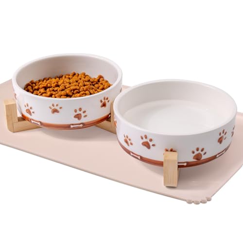 Dog Bowls with Wood Stand, 1.7 Cups Ceramic Puppy Bowls with Mat for Small Dog Weighted Water and Food Bowl Set for Dogs Cats, Non-Slip Pet Feeding Dish 13.5 Oz - size: 1.7 Cups