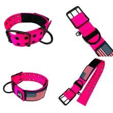 Tactical Dog Collar 2 Inch Wide Heavy Duty with Metal 2-Pin Belt Buckle for Medium, Large & XL Dogs, Thick Military-Style K9 Collar, Reflective, with Name Plate Area, USA Flag Patch, Strong & Durable - color: PINK, size: 12-20 inches