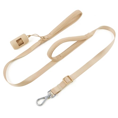 Dog Leash with Two Handles - Soft Padded Handles for Exact Control with Poop Bag Holder, Adjustable Length, Heavy Duty Lead for Medium and Large Dogs (Sand Color, S|0.8" x 4.2 ft-5 ft) - color: Sand Color, size: S