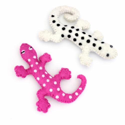 Glaciart One Felt Lizard Cat Toy – 2 Pcs | Soft Fuzzy Enrichment 100% Natural Wool - Interactive Catnip Play Cat Toy Set - Safe for Pets, Non-AZO Colored Dyes - color: Lizards (Pink and White)
