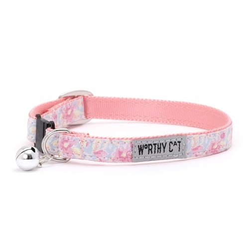 THE WORTHY DOG Patterned Fancy Floral Cat Collar with Bell, Adjustable Nylon Safety Collar, Blue, One Size - color: Blue-Fancy Floral