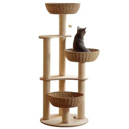 54" Modern Cat Tree for Large Cats, Wood Luxury Multi-Level Oak Solid Wood Cat Trees Cat Towers with 3 Rattan Weaving Cat Nests & Washable Cushions, Sisal Scratching Posts, for Indoor Cats-Lacquered - size: Large-Oiled1