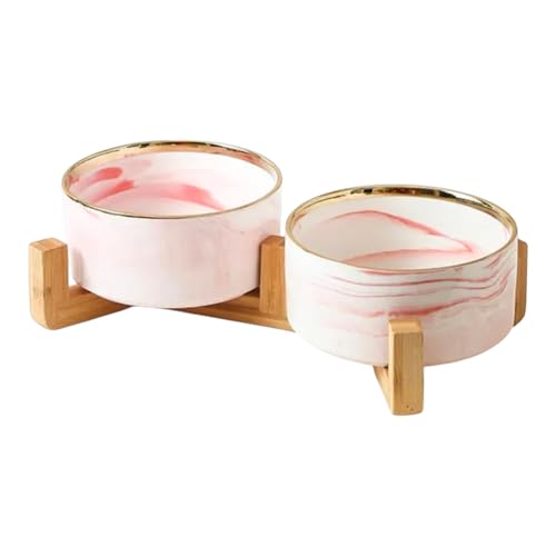 Ceramic Pet Bowl (Marble Design) Set of 2 with Stand, 2cups and 4 Cups Capacity (Marble Pink w/Gold, Small, 2 Cups per Bowl) - color: 2. S-Marble pink gold, Small, 2 cups per bowl