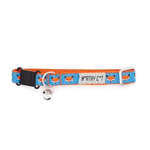 THE WORTHY DOG Foxy Cat Collar with Bell, Adjustable Nylon Safety Collar, Blue/Red, One Size - color: Blue-Foxy
