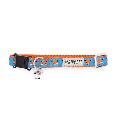 THE WORTHY DOG Foxy Cat Collar with Bell, Adjustable Nylon Safety Collar, Blue/Red, One Size - color: Blue-Foxy