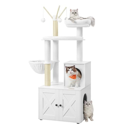 Feandrea Cat Tree with Litter Box Enclosure, 59-Inch Modern Cat Tower, 2-in-1 Condo with Scratching Posts, Washable Removable Cushion, Cloud White UPCT113W01 - color: Cloud White