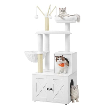 Feandrea Cat Tree with Litter Box Enclosure, 59-Inch Modern Cat Tower, 2-in-1 Condo with Scratching Posts, Washable Removable Cushion, Cloud White UPCT113W01 - color: Cloud White