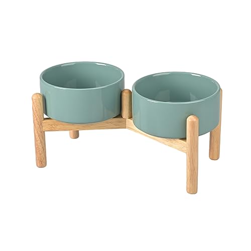 SPUNKYJUNKY Ceramics Raised Dog Bowls with Wooden Stand - Elevated Dog Feeding Set (Double 28.7OZ, Dark Green) - color: Dark Green (Double Bowls Set), size: Medium - 3.6 CUPS