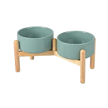 SPUNKYJUNKY Ceramics Raised Dog Bowls with Wooden Stand - Elevated Dog Feeding Set (Double 28.7OZ, Dark Green) - color: Dark Green (Double Bowls Set), size: Medium - 3.6 CUPS