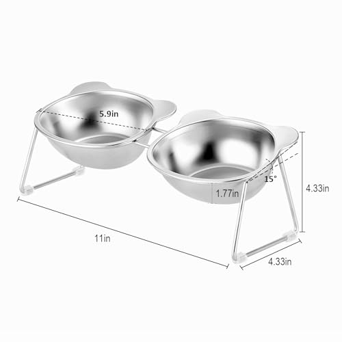 Stainless Elevated cat Bowls 5.9 Inch with Metal Stand Slip Resistant Base 15 Degrees Tilted Raised Pet Dishes Double Bowl Design Food and Water Dish for Cats Kitten Small Dog (Integrated Bowls) - color: Integrated Bowls