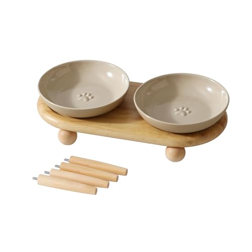 Havniva Cat Bowls Elevated 5.6” Ceramic Cat Bowl with Stand Whisker Friendly Cat Dishes, Cat Food & Water Bowl Set with Two Heights Options, Raised Cat Food Plates for Kitten Anti-Slip Pet Bowls - color: 2 Bowls+Stand- Vintage Latte