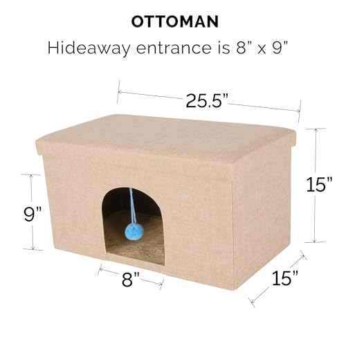 Furhaven Pet House for Indoor Cats & Medium/Small Dogs, Collapsible & Foldable w/Plush Ball Toy - Living Room Ottoman Cat Condo - Sand, Large