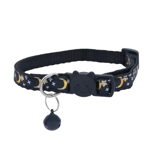 Set of 2: KioKatt Celestial Nylon Cat Collars with Matching Bells – Adjustable Breakaway Safety Collars for Adult Cats, 7–11" (Black + Red) - color: Black + Red