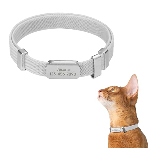Anti-Choke Elastic Cat Collar and Personalized Name Tag Set, U.S IDA Gold Award Non Breakaway Cat Collar Engraved ID Tag Personalized Cat Collar for Kitten Small Large Cats (Silver, S) - color: Silver, size: S