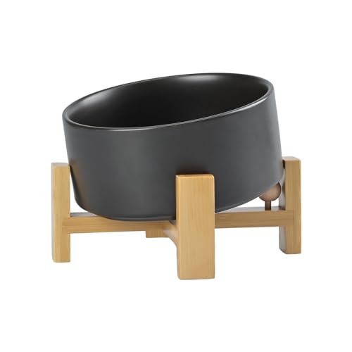 SPUNKYJUNKY 15° Slanted Ceramic Dog Bowl with Elevated Bamboo Stand - Tilted Pet Feeder for French Bulldog Pugs No Slip Anti-Vomiting for Cat Medium Dog Flat Face Pets 28.7 OZ (3.6 Cups, Black) - color: Black, size: 3.6 CUPS × 1