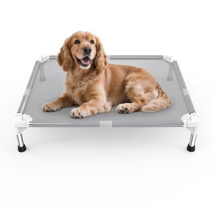 Elevated Dog Bed with Teslin Cooling Fabric - Lightweight Dog Cot for Medium Dogs, Waterproof & Washable Breathable Mesh, Raised Pet Bed for Indoor Outdoor Use, Anti-Slip, Easy Clean - size: M-Gray