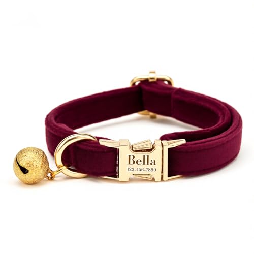 Custom Cat Collar with Bells Personalized Small Cat Collar Engraved Name & Phone Number with Secure Metal Quick-Release Buckle Adjustable (Burgundy) - color: Burgundy