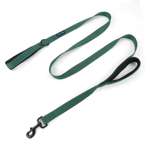 Wagtime Club Double Handle Dog Leash, 6ft Long Heavy Duty Dog Leash with Paded Traffic Handles for Extral Control and Training, Dual Handles Leads, Large Medium Small Dogs (Reflective Hunter Green) - color: Reflective Hunter Green
