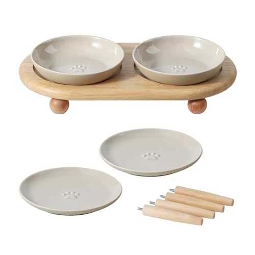 Havniva Cat Bowls Elevated 5.6” Ceramic Cat Bowl with Stand Whisker Friendly Cat Dishes, Cat Food & Water Bowl Set with Two Heights Options, Raised Cat Food Plates for Kitten Anti-Slip Pet Bowls - color: 2 Bowls+2 Shallow Dishes+Stand- Vintage Latte