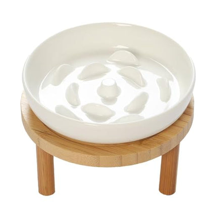 Raised Slow Feeder Cat Bowl, 5.9 Inch Wide Shallow Ceramic Elevated Glass Food Bowl Puzzle Feeders, Anti Vomit Cat Dish, Whisker Friendly Pet Plates Feeding Station for Indoor Cats, Kitten(1 Set) - size: 1 Slow Feeder & 0 Cat Plate