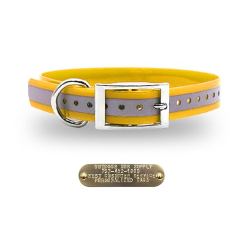 Outdoor Dog Supply Personalized 1" Reflective School Bus Yellow Extra Long D-Ring Dog Collar with Custom 3/4" Brass Nameplate | Waterproof, Odor-Resistant, Adjustable for Large and Giant Breed Dogs - color: School Bus Yellow