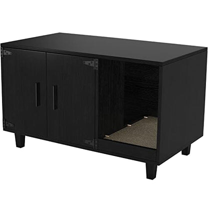 GDLF Modern Wood Pet Crate Cat Washroom Hidden Litter Box Enclosure Furniture House as Table Nightstand with Scratch Pad,Stackable (Black) - color: Black