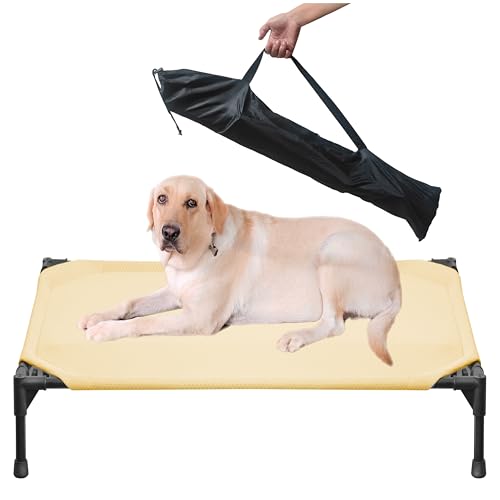 Soft Mesh Elevated Pet Bed for Large Medium Dogs Outdoor Resting Cot with Water-Resistant, Air-Permeable, Cooling and Anti-Skid Portable Dog Bed, Up to 120 lbs, 43.2" L x 31" W x 7.5" H, Beige