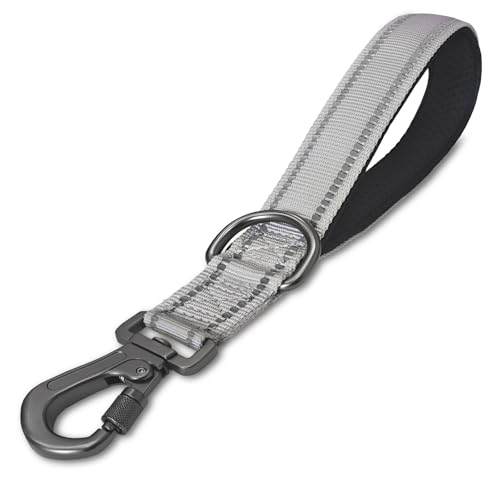 12” Short Dog Leash, Reflective Nylon Padded Handle, Heavy Duty Strong Traffic Leash with Carabiner Clip, Perfect for Large or Medium Dogs (Gray, 12 Inch) - color: Gray
