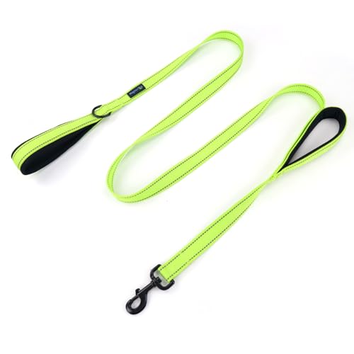 Wagtime Club Double Handle Dog Leash, 6ft Long Heavy Duty Dog Leash with Paded Traffic Handles for Extral Control and Training, Dual Handles Leads, Large Medium Small Dogs (Reflective Neon Green) - color: Reflective Neon Gren