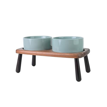 SPUNKYJUNKY Ceramic Elevated Dog Bowls Raised with Acacia Bamboo Wooden Stand, 6.1'' Dog Cat Food Water Bowls Set Non-Slip for Small Medium Sized Breed Microwave Dishwasher Safe - 28.7 OZ,Light Green - color: Light Green, size: 6.1 in - Dual