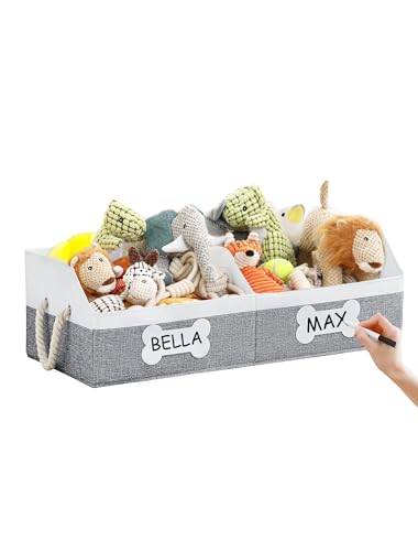 Large Dog Toy Basket, Collapsible Fabric Dog Toy Bin with Removable Divider & DIY Tags, Trapezoid Storage Box with Rope Handles for Pet Supplies, Perfect for Living Room Storage-Grey&White