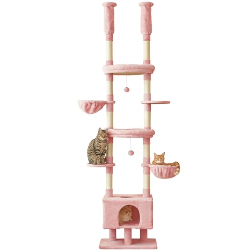 Pink Cat Tree, Floor to Ceiling Cat Tower Adjustable Height [92.9-102.4 in=235-258cm], 7 Tiers Cat Climbing Play House with Scratching Post, Cozy Condo & Hammocks for Indoor Cats - color: Pink
