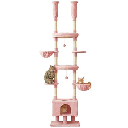 Pink Cat Tree, Floor to Ceiling Cat Tower Adjustable Height [92.9-102.4 in=235-258cm], 7 Tiers Cat Climbing Play House with Scratching Post, Cozy Condo & Hammocks for Indoor Cats - color: Pink