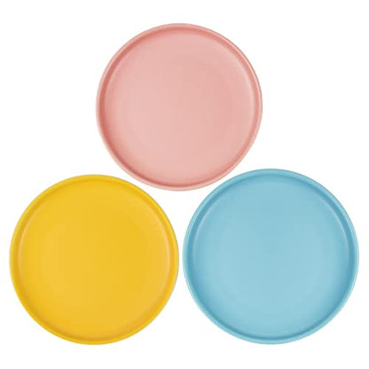 Ceramic Shallow Cat Dish 6 inch, Whisker Fatigue Free Cat Food Bowls, Wide and Small Pet Plate for Kitten and Kitty, Short Legged Munchkin Cat - color: 3 Pack - Blue & Yellow & Pink