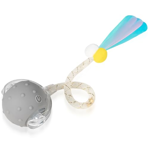 Interactive Cat Toys Ball for Indoor Cats, Automatic Moving Ball Toy with Elastic Mesh Tail, Chirping & Obstacle Avoidance and Motion Activated, Grey【Rechargeable】 - color: Grey