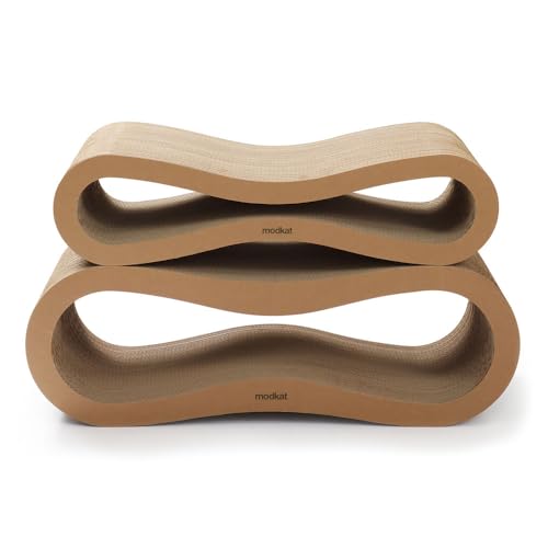 Modkat® Premium 2 Cat Scratcher Set. Large (30L X 10.6H in.) and Small (26.6L X 7H in.) Sizes. Scratch, Play Lounge. High-Grade Cardboard, 100% Recyclable, Reversible.