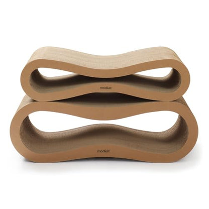 Modkat® Premium 2 Cat Scratcher Set. Large (30L X 10.6H in.) and Small (26.6L X 7H in.) Sizes. Scratch, Play Lounge. High-Grade Cardboard, 100% Recyclable, Reversible.