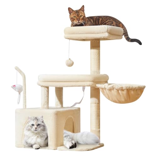 Taoqimiao MS043M Cat Tree, 32.2-Inch Cat Tower for Indoors Cats, Cat Condo with Large Cat Perch, Spacious Cat Cave, Scratching Posts for Small and Medium Cats, Beige - color: Beige
