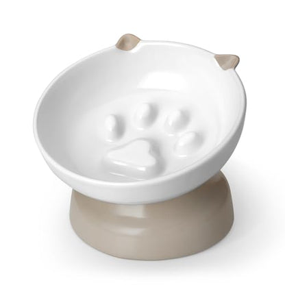 vancasso Ceramic Elevated Slow Feeder Cat Bowls,Slow Feeder Elevated Cat Bowl Wet Food, Raised Cats Bowl for Indoor Cats (Grey) - color: Grey