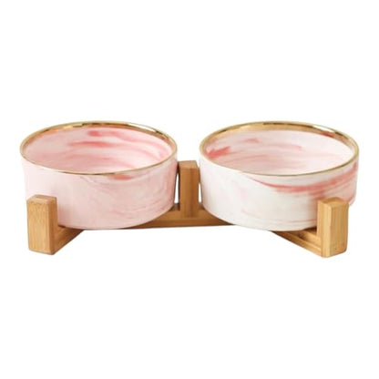 Ceramic Pet Bowl (Marble Design) Set of 2 with Stand, 2cups and 4 Cups Capacity (Marble Pink w/Gold, Small, 2 Cups per Bowl) - color: 2. S-Marble pink gold, Small, 2 cups per bowl