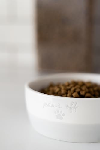 Pearhead Paws Off Ceramic Cat Bowl, Holds 1.3 Cups, Small Food and Water Bowl for Cats, Pet Dish, Microwave and Dishwasher Safe (Pack of 2) - color: Gray "Paws Off", size: Bowl Set