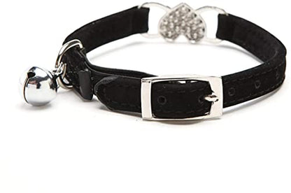 CHUKCHI Pink Soft Velvet Safe Cat Adjustable Collar with Crystal Heart Charm and Bells 8-11 Inches(Black+Pink) - color: Black+Pink