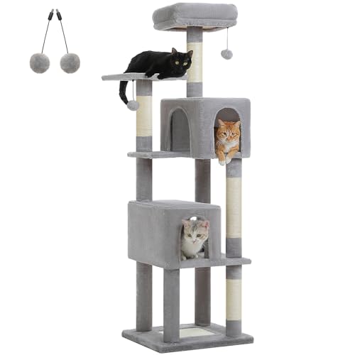 Cat Tree for Indoor Cats, 62" Multi-Level Cat Tower with 2 Spacious Condos, Scratching Pad, 4 Cat Scratching Posts, 2 Top Perches, 2 Pompoms, Grey - color: Grey, size: 62 Inches
