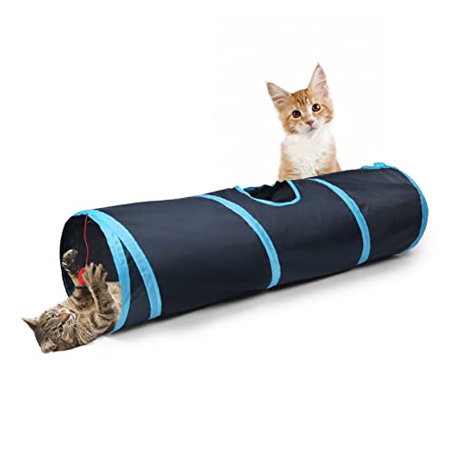 Sheldamy Cat Tunnel, 2-Way Collapsible Play Tunnel, Interactive Toy Maze for Small Animals, Suitable for Kittens, Puppies, Rabbits, Ferrets, Blue & Black - color: 2 Way Blue & Black