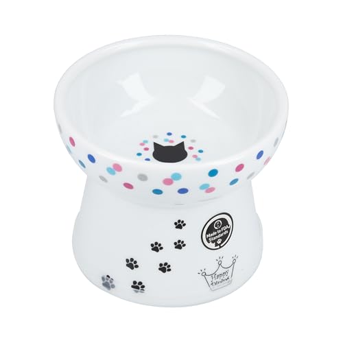 Necoichi Raised Cat Food Bowl – Ceramic Elevated Cat Bowl for Whisker & Neck Fatigue, Dishwasher Microwave Safe – Non-Slip & Anti Vomiting Ergonomic Design (Colorful Dots, Large, 2-Cup Capacity) - color: Colorful Dots, size: Large Flat (2 Cups)