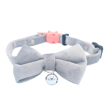 Velvet Bowtie Cat Collar with Bell – Adjustable Breakaway Grey Cat Collar for Adult Cats (7–11 in) - color: Grey