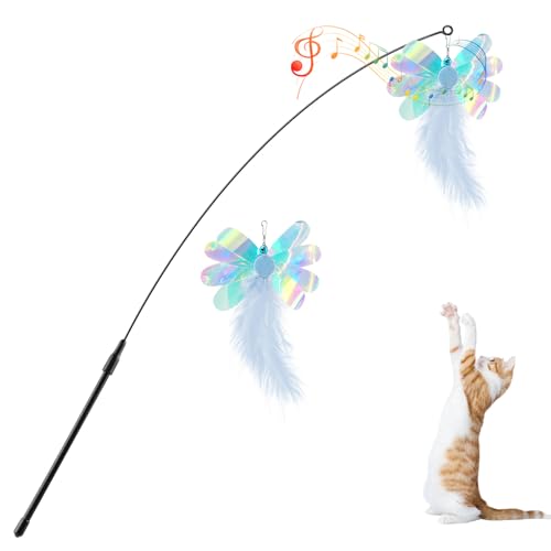 Pawaboo Feather Teaser Cat Toy, Interactive Feather Wand Cats Toy Flying Feathers Cat Catcher with Extra Long 34.5" Wand and Small Bell, Exerciser Playing Toys for Kitten or Cats, Blue Butterfly - color: Blue Butterfly