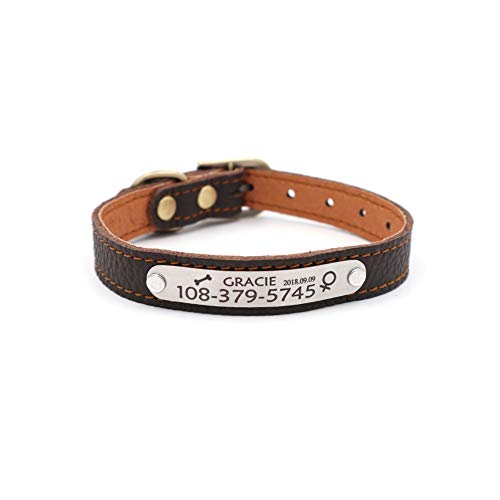 Personalized Leather Cat Collar,Custom with Name Plate and Bell for Boy and Girl Kitten/Cat(XS,Brown) - color: Brown, size: XS